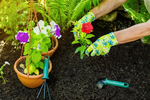 A close-up view of a gardener's hands wearing green and yellow patterned gardening gloves, planting a small flowering plant with red and green leaves into freshly turned dark soil in a neatly maintained outdoor garden. To the left, two hanging terracotta pots contain vibrant purple and white petunias supported by thin, orange stakes, with green foliage in the background. A pair of gardening tools, a small hand rake and pruning shears, lie on the soil surface nearby. The garden setting appears well-organised, with clear distinctions between the cultivated flower beds and the surrounding greenery, reflecting professional landscaping work in a landscaped backyard or front garden area, possibly in Fulham, designed to enhance outdoor aesthetics.